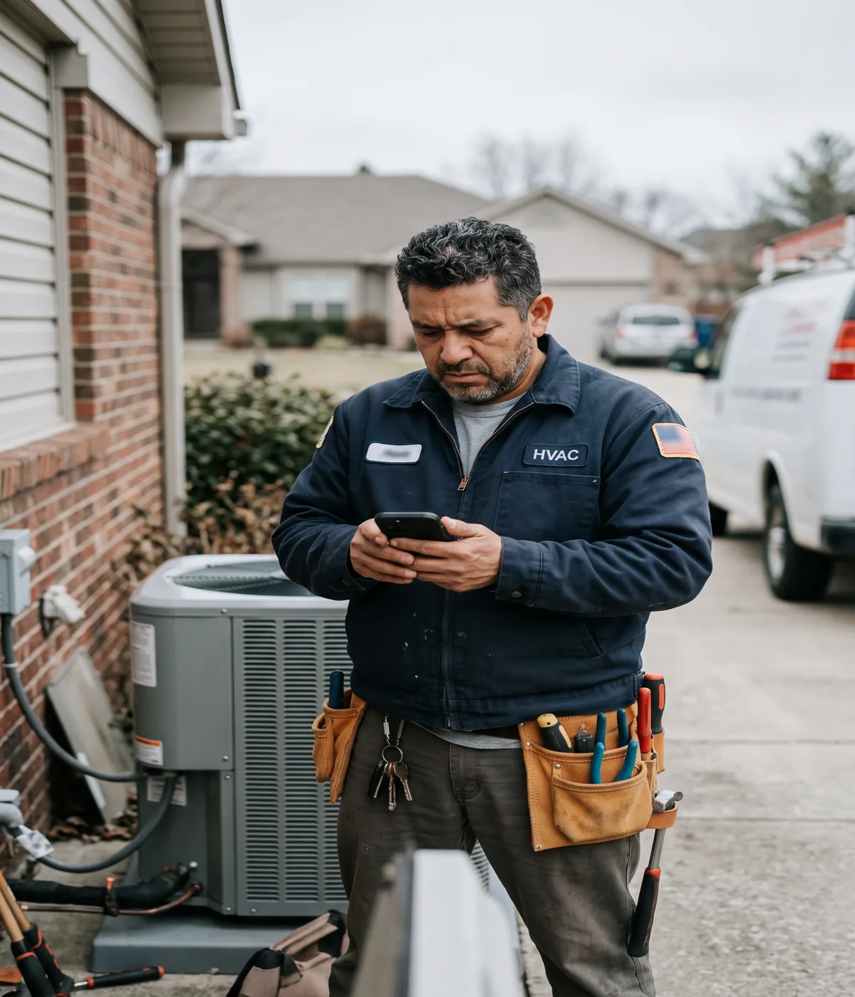 HVAC technician on a job site checking his phone