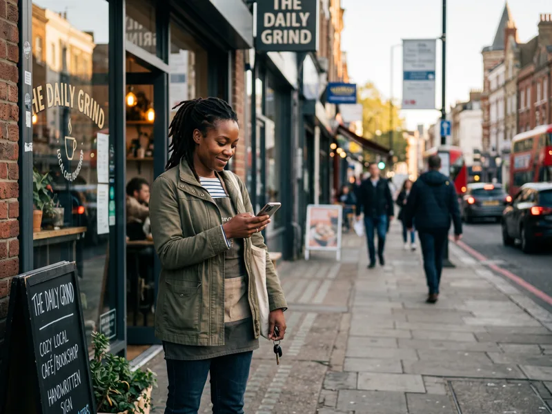 Business owner checking her phone outside her shop