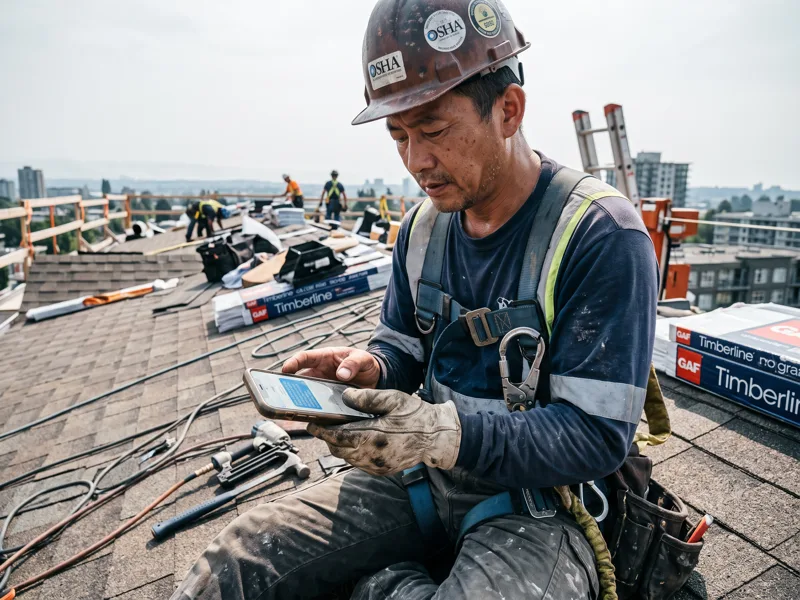 Roofer on a job site checking a text notification
