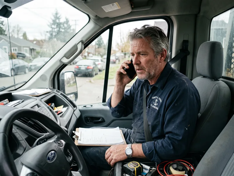Plumber answering a call from his work truck